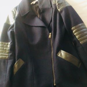 DKNY Heavy trench coat navy blue and leather.